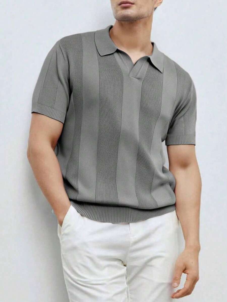 Men's Casual Summer Polo Top With Stripes And Patchwork Knit, Men's Summer Polo Top, Solid Color Short Sleeve Knit Sweater For Men, Summer Fashion - 灰色 - 查看 1
