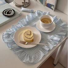1pc/2pcs/6pcs French Blue & White Striped Floral Lace Edged Placemats, Delicate Ruffle Trim Tablecloth, Dust Cover - Multicolor - View 4
