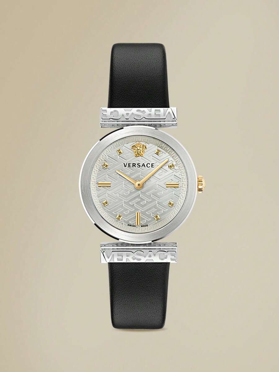 Versace Reloj de pulsera de cuarzo con correa de cuero elegante para mujer con caja de acero inoxidable para regalo de dama con esfera dorada - Negro - Ver 1