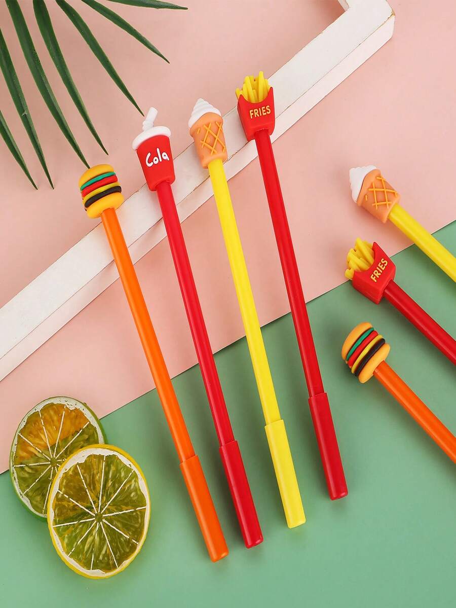 4pcs Creative French Fries, Soda, Burger, Ice Cream Themed Neutral Pens, Cute Stationery Student Ballpoint Pens, Cartoon Office Signing Pens - Multicolor - View 1