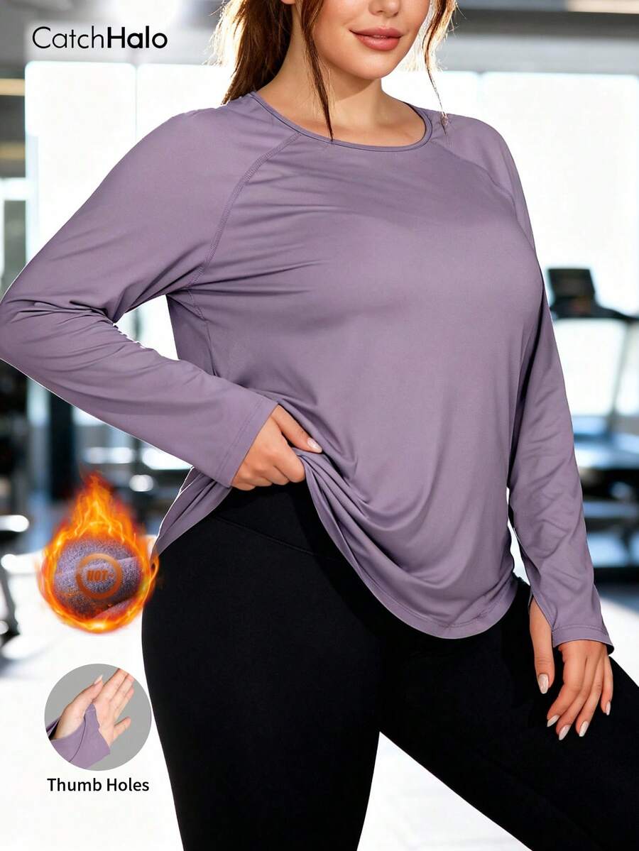 Plus Size Women Long Sleeve Yoga Top, Raglan Sleeve Design, Curved Hem, Loose Fit, Soft & Comfortable, Suitable For Fitness & Leisure Sports