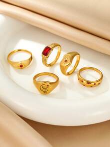 5件套不锈钢女士金色时尚简约红色水钻镶嵌戒指套装，适合女士日常佩戴或作为礼物 - 金黃色 - 查看 2