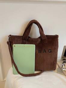 Bolso de mano versátil de estilo minimalista casual, bolso de hombro elegante de gran capacidad con rayas de unicolor, bolso cruzado de moda con decoración de letras, adecuado para el trabajo, el transporte, las compras y otras ocasiones - Café integral - Ver 10