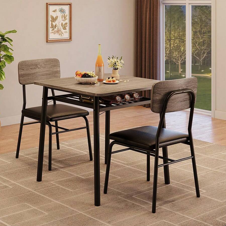 Mesa de comedor para 2 personas con estante de almacenamiento, mesa de cocina pequeña para 2 personas con estructura metálica, mesa cuadrada con juego de 2 sillas tapizadas, juego de comedor de 3 piezas para espacios pequeños, apartamento - Gris - Ver 1