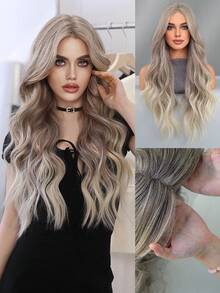 7JHH WIGS 渐变灰棕色长款波浪卷发中分合成蕾丝前假发，13x4x1 T型高清透明无胶自然发际线耐热纤维假发，适合日常派对佩戴，26英寸 - 漸變灰色 - 查看 3