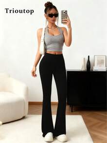 Trioutop Plus Size Flared Leggings With High Waist, Solid Color Sports Trousers For Yoga Running Fitness, All-Season Breathable Women's Clothing - Black - View 6