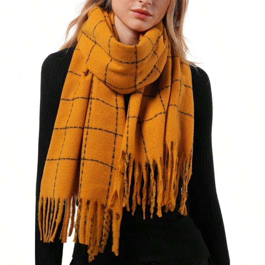 - Bufanda de invierno a cuadros para mujer, chales de cachemira, abrigos, bufandas grandes y gruesas - Naranja + Talla Única - Ver 1