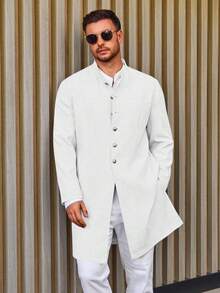 Runcati Mens Kurta Coats  Mandarin Collar Attire  Outfits Wedding Festive Party Clothing Casual Kaftan Robe - 白色 - 查看 4