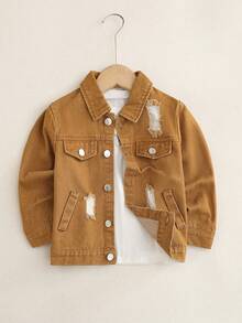 Boys' Distressed Brown Denim Jacket, Patchwork Design, Spring/Autumn - Brown - View 1