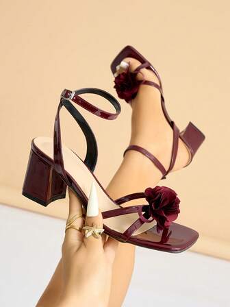 Women's Sandals, Suitable For Parties, Outdoor, Travel, Vacation, Featuring Chunky Heel, Square Toe, Shiny 3D Rose Flower Decor, Sexy Criss-Cross Ankle Strap, Soft & Skin-Friendly Solid Color Glossy Material, High-End Elegant Mysterious Wine Red High Heel Sandals