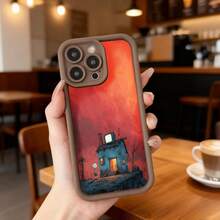 Cubierta de teléfono con borde negro y diseño de casa encantada en cielo rojo para iPhone 14 Pro Max funda protectora con estética gótica ideal para amantes del arte oscuro y escenarios de café Aplicable a los teléfonos de la serie Apple y Galaxy - Café integral - Ver 7