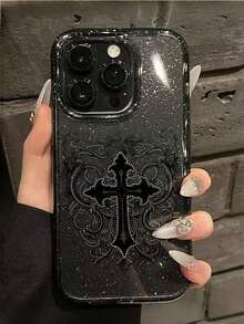 ROMWE 1pc Gothic Style Cross Pattern Transparent Glitter Phone Case, Halloween - Kiểu 1 (1 cái) - Xem 4