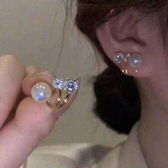 1pair Fashionable European & American Style Faux Pearl Earrings With Rhinestone Detail & Unique Back Design, Elegant Ear Jewelry For Women's Daily Wear