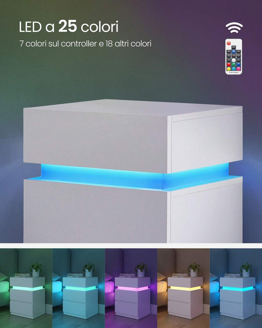 KAILYN Collezione - Set di 2 Comodini con Striscia Luminosa di Luci a LED Multicolore Variabile, 3 Cassetti, Tavolino in Stile Moderno, 35 x 40 x 55 cm, Bianco - Bianco - Visualizzare 1