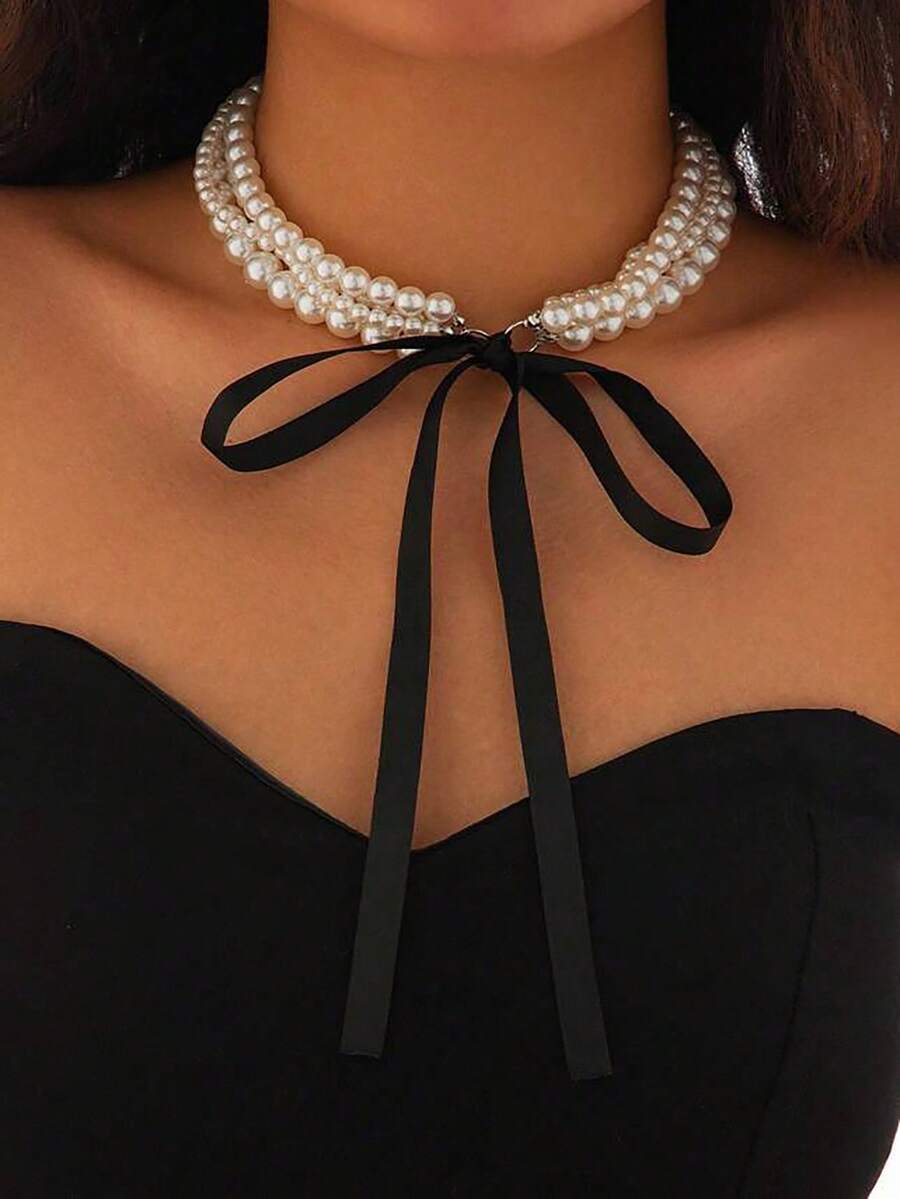 Vintage Bohemian Pearl Choker With Bow - Women's Elegant Beaded Necklace Jewelry For Everyday Party Gifts - Nhiều màu - Xem 1