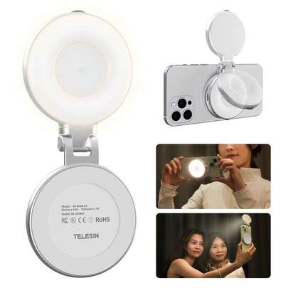  TELESIN C03 Magnetic Selfie Light, Phone Light Compatible With Phone Magnetic, CRI97 360° LED Selfie Ring Fill Light With Mirror For Selfies/Photography/Zoom Calls/Video Conference