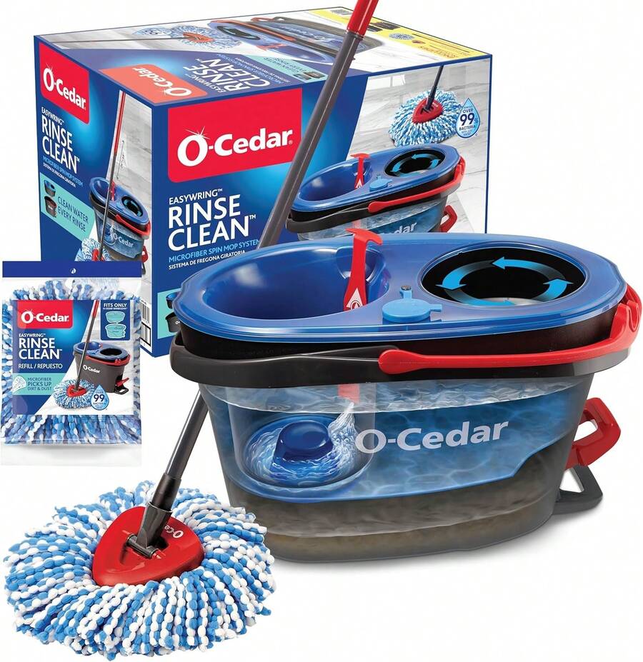 O-Cedar RinseClean Spin Mop & Bucket System + 2 Extra Mop Heads |   Clean With Water |   Removes 99% Of Bacteria Plastic - Bộ lau nhà xoay Rinseclean và xô + 1 bình chứa nước thay thế bổ sung - Xem 1