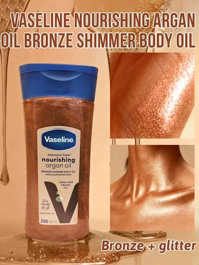  Vaseline Illuminating Body Oil, verleiht sofort einen strahlenden Effekt auf stumpfer, trockener Haut, 24-Stunden Feuchtigkeitsversorgung und Hydratisierung, verstärkt den Glanz, stärkt die Hautbarriere, nicht fettend und leichte Gel-Öl Textur, alkoholfrei, Mehrzweck-Highlighter, kann auf Schlüsselbeinen, Schultern, Beinen oder mit Foundation vermischt für einen sofortigen Glow verwendet werden, den ganzen Tag über feuchtigkeitsspendend.