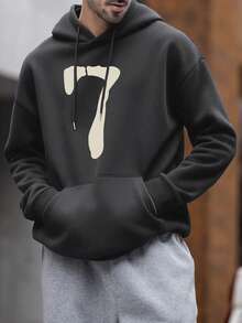 Men's Casual Number "7" Print Pocket Drawstring Hoodie, Autumn/Winter, Long Sleeve Top - Dark Grey - View 3