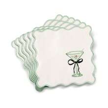 Set Of 6 Martini Cocktail Napkins With Scalloped Embroidery, Ideal For Parties, 15x15 Cm (6"X6"). Washable Polyester Satin Fabric, Perfect For Martini Cocktails, Bachelorette Parties And As Decoration (White). - White - View 6