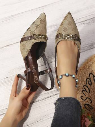 Women's Embroidered Pointed Toe High Heel Casual Outdoor Sexy Party Bohemian Fashion Fabric Rhinestone Buckle Metal Chain Pumps, Suitable For Holiday, Wedding, Vacation, Office, All Seasons