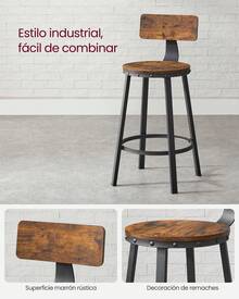 VASAGLE Taburete Alto, Juego de 2, Taburetes Altos de Cocina, con Respaldo, Estructura de Acero, Asiento de 62,5 cm de Altura, Fácil Montaje, Estilo Industrial, Marrón Rústico y Negro - marrón amarillento - Ver 7