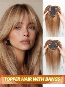 Elegant Straight Human Hair Topper With Bangs Clip In Hairpiece For Thinning Hair Increase Volume And Coverage #30 #6 Color Natural Look Easy Attach Design Hair Volume Enhancer Smooth Texture Hair Extensions For Wig - Multicolor - View 1
