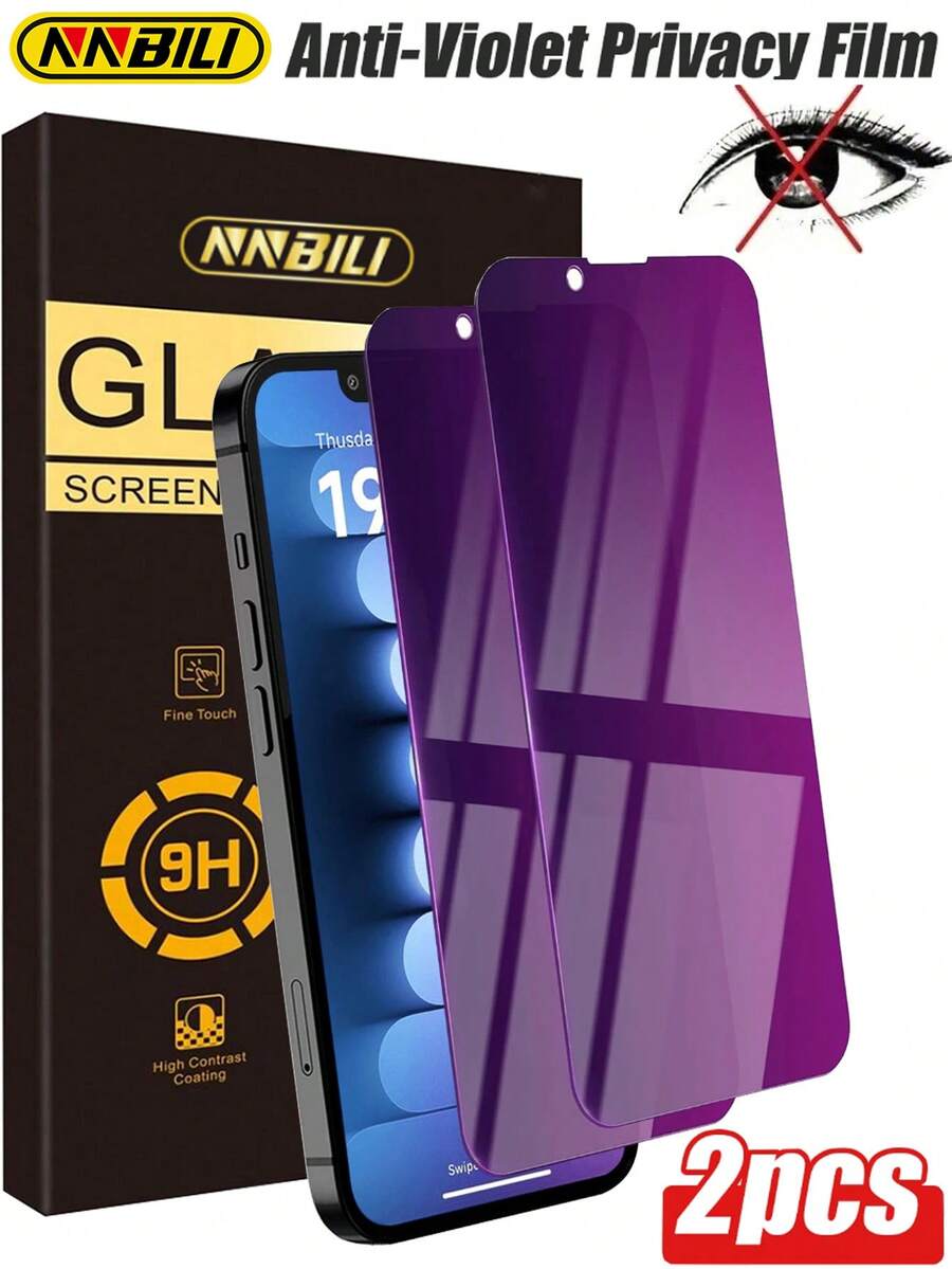 NNBILI 2片装紫色防窥钢化玻璃屏幕保护膜，防蓝光，保护隐私，兼容 7/8 Plus/X/XS/XS Max/11/12/13/14 Pro Max/15 Pro Max/16/16e/16 Plus/16 Pro/16 Pro Max/16e/17/17 Air/17 Pro/17 Pro Max系列，兼容手机壳，防碎裂，防刮擦，防摔，屏幕保护必备品，适用于日常、办公、家庭使用。手机屏幕保护膜，手机配件，隐私屏幕保护膜，防水防震防摔。