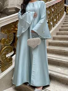 Trang phục Hồi giáo dành cho nữ, Áo Abaya tay bồng xòe, Áo Abaya thanh lịch cho các dịp đặc biệt, Áo Abaya lễ Eid, Áo Abaya ba mảnh với thắt lưng đính đá, Mùa xuân - Màu xanh bạc hà - Xem 4