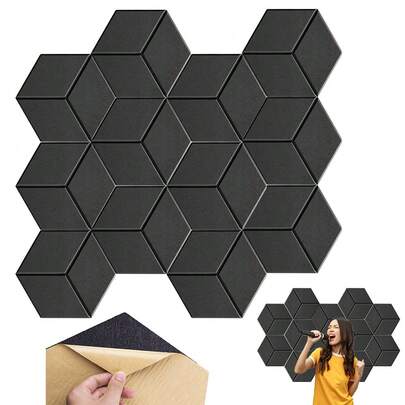 12-Pack Hexagon Acoustic Panels Black - High Density 9.4 Lbs/Cubic Ft Self-Adhesive Sound Absorbing Foam For Walls, Studio & Office Decor