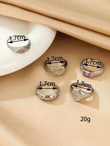 Set de 5 anillos de acero inoxidable para mujer, de color plata minimalista con incrustaciones de rhinestones rosas, adecuado para decoración diaria de la mujer o como regalo - Plateado - Ver 3