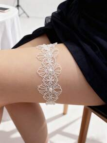 1pc White Pearl Elastic Garter Belt, Bridal Accessory For Women And Girls,Summer,Beach,Wedding,Elegant,Party - White - View 3