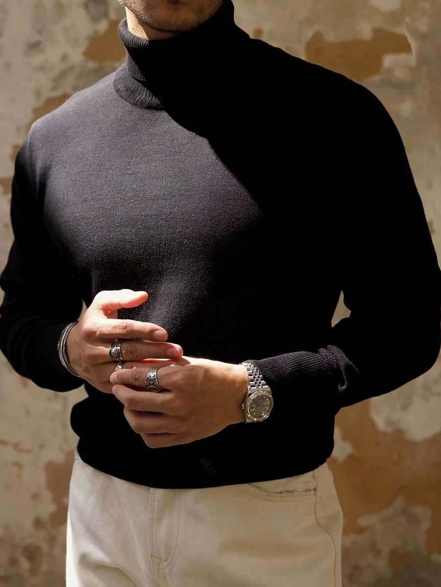 Men's Solid Color Loose Long Sleeve High Collar Sweater, Autumn/Winter - Black - View 1