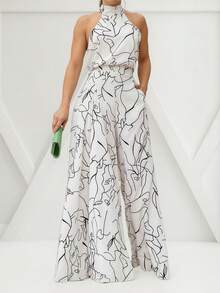 Women's Long Printed Party Jumpsuit With Tie Straps - 白色 - 查看 2