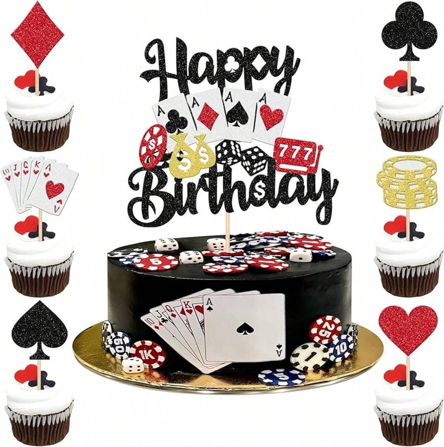 24 PCS Casino Poker Cupcake Toppers For Birthday Party Decorations - 設計 6 - 查看 1