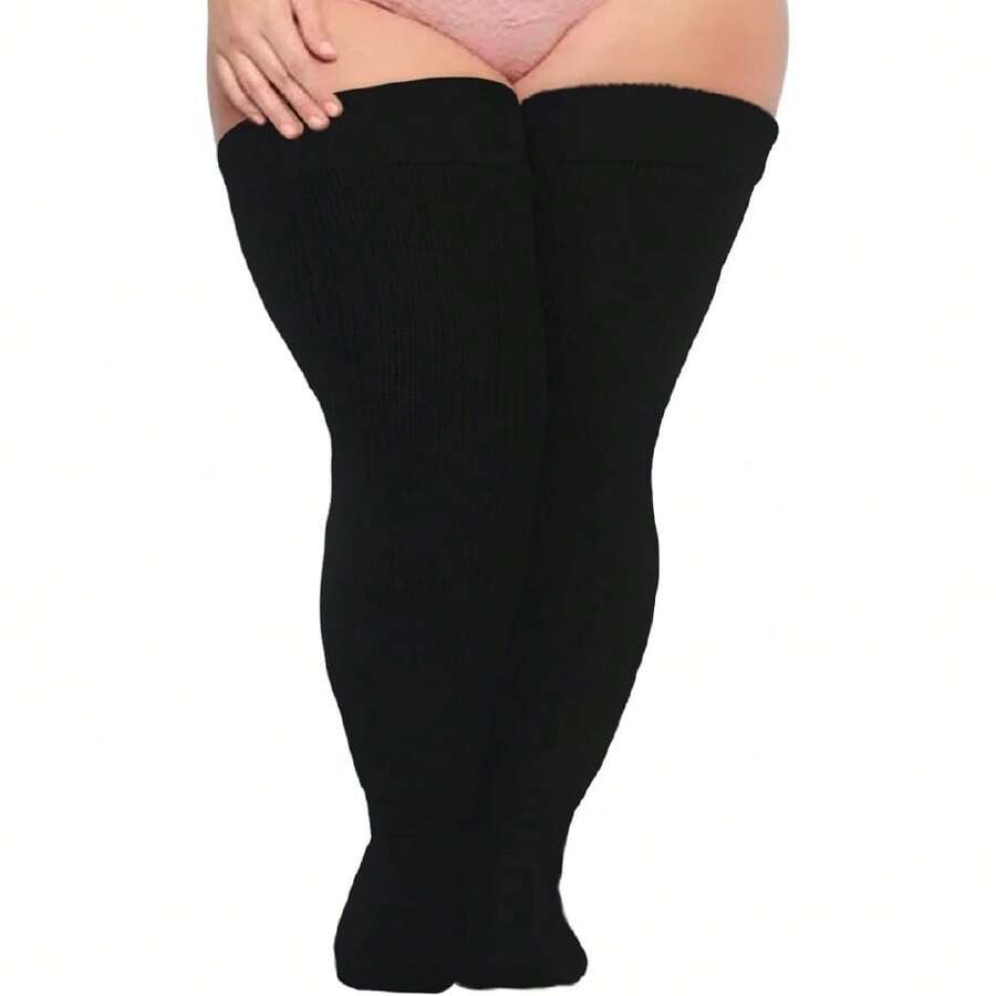 Plus Size Thigh High Socks For Thick Thighs Women- Thigh Highs Widened Extra Long Thick Knit Socks,28431939 - 黑色 - 查看 1