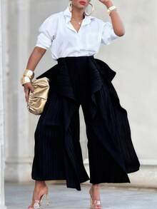 Women's High Waisted Wide Leg Pants - Ruffled Hem Pleated, High Stretch Wrinkle Resistant Black Trousers, Elastic Waist One Size Fits Up To XXL, All-Season Casual Formal Wear - 黑色 - 查看 5