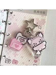 1pc Cute Cartoon Pixel Art Keychain - Kawaii Retro 8-Bit Character With Heart And Clover, Light Pink And White With Black Eyes, Bunny Design, Suitable For Bags, Keys, Christmas Gift - Multicolor - View 7