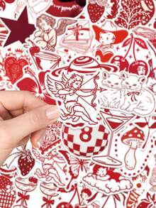 50pcs Red Valentine's Day Sticker Aesthetic Cartoon Decals For Laptop Suitcase Guitar Diary Scrapbook Phone Sticker