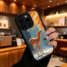 Cubierta de telefono con diseño de ciervo bebé en otoño color negro con estampado de hojas caídas y ciervo joven para uso diario y trabajo - Negro - Ver 6
