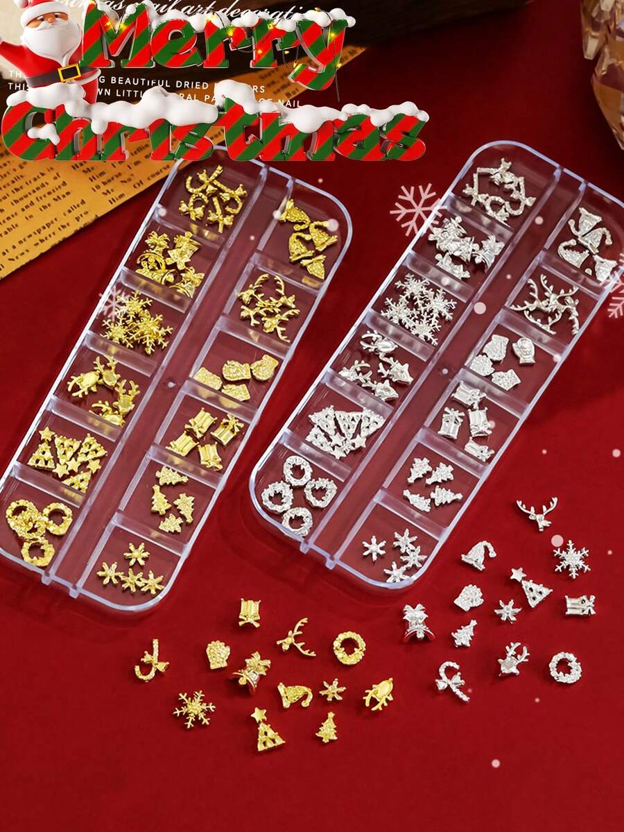 96pcs 3D Nail Charms Mix Assorted Gold Silver Nail Charms Alloy Multi Shapes Heart Flower Snowflake Flakes Candy For Nail Art Manicure DIY Crafts.