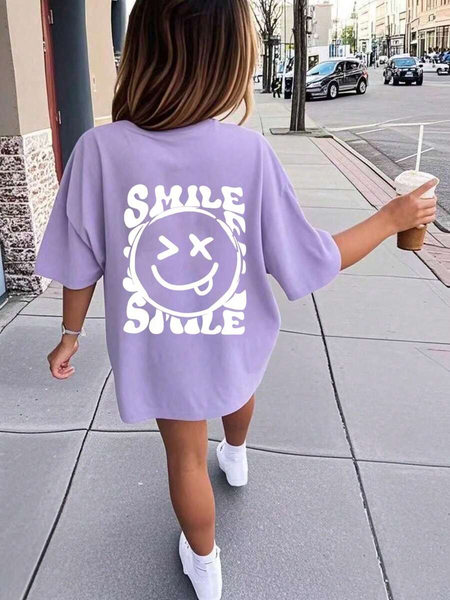 Tween Girl Casual Graphic Print Crew Neck Short Sleeve T-Shirt, Summer Top - Purple - View 1