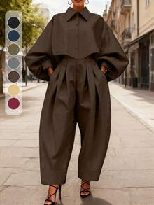 HUTENER Plus Size Women 2 Pieces Set - Lantern Sleeve Solid Color Lapel Button Design Blouse + Pocket Ruched Long Pants, Suitable For Commuting, Business, Office Elegant Spring - Chocolate Brown - View 1