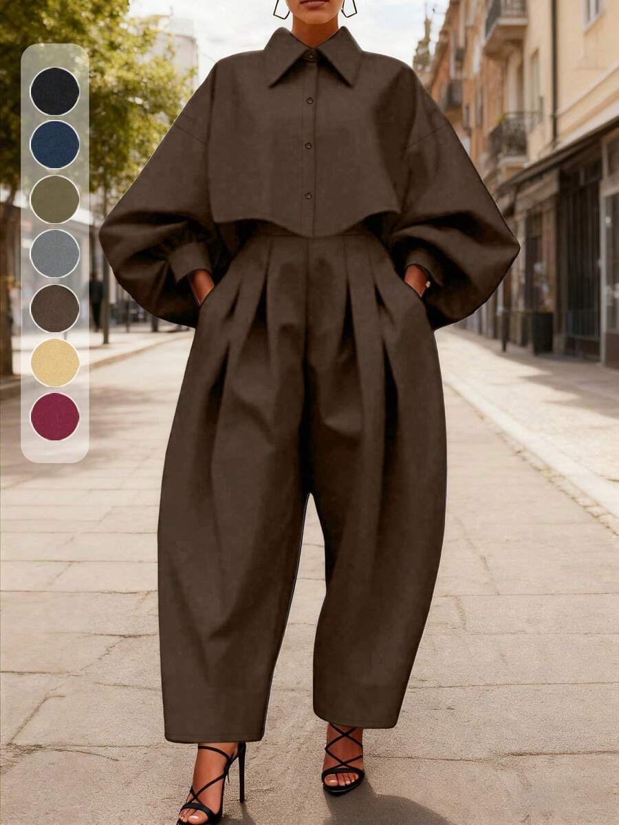 HUTENER Plus Size Women 2 Pieces Set - Lantern Sleeve Solid Color Lapel Button Design Blouse + Pocket Ruched Long Pants, Suitable For Commuting, Business, Office Elegant Spring - Chocolate Brown - View 1