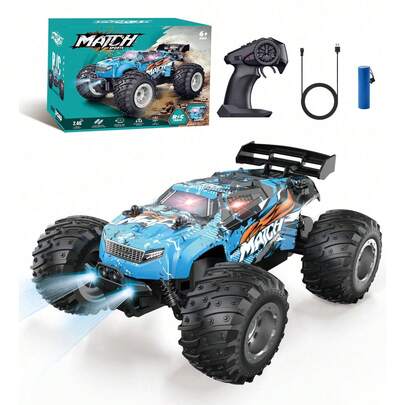 1 peça de carro RC, caminhão monstro todo-terreno de alta velocidade de 2,4 GHz, carro de controle remoto de 25 km/h com luzes de carroceria e bateria recarregável, para o Natal, crianças e iniciantes, adequado para meninos de 3 a 12 anos (azul/verde)