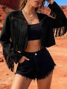 elfnokto Women's Fashion Solid Color Fringe Studded Front Open Short Jacket - Black - View 1