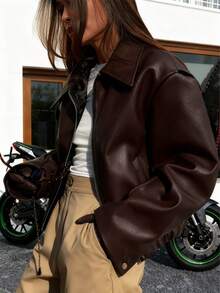 Black Edgy Biker Casual Loose Long Sleeve Leather Jacket For Women, Autumn/Winter Fall Cloth For Women - 棕色 - 查看 2