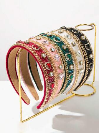 Baroque Heavy Craftsmanship Chain Decoration Inlaid With Glass Diamonds, Heart-Shaped Headband For Women, Luxurious And High-End Hair Accessories, Sparkling And Suitable For Various Occasions Such As Festivals And Parties, With Multiple Colors To Choose From ,Hair Band ,Diadema ,Hair Hoop