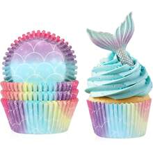 100/200pcs Mermaid Cupcake Liners, Colorful Fish Scale Paper Cupcake Liners Standard Baking Cupcake Paper Liners Suitable For Ocean Theme Baby Shower Birthday Party Ocean Theme Cake Decoration - Multicolor - View 1