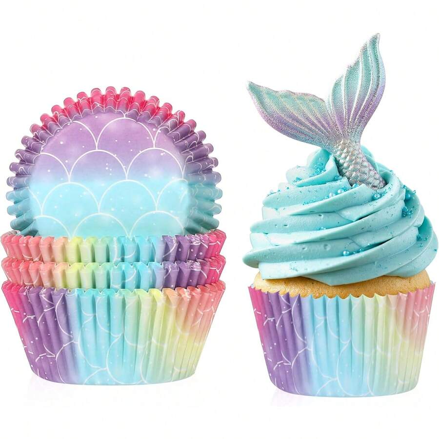 100/200pcs Mermaid Cupcake Liners, Colorful Fish Scale Paper Cupcake Liners Standard Baking Cupcake Paper Liners Suitable For Ocean Theme Baby Shower Birthday Party Ocean Theme Cake Decoration - Multicolor - View 1